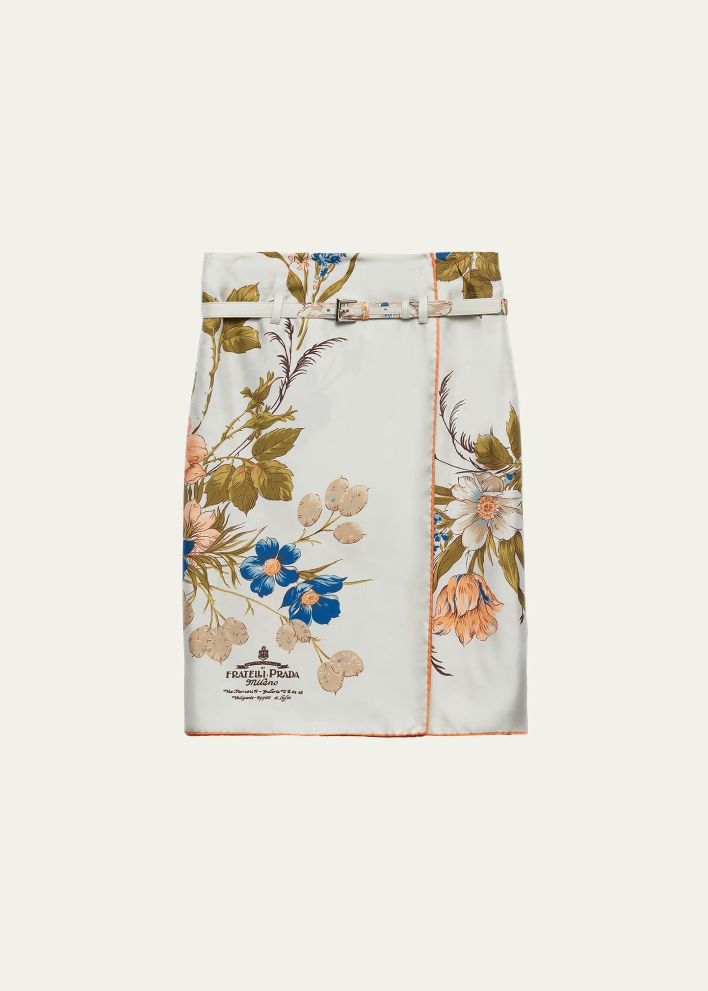 gentian silk twill belted knee-length skirt