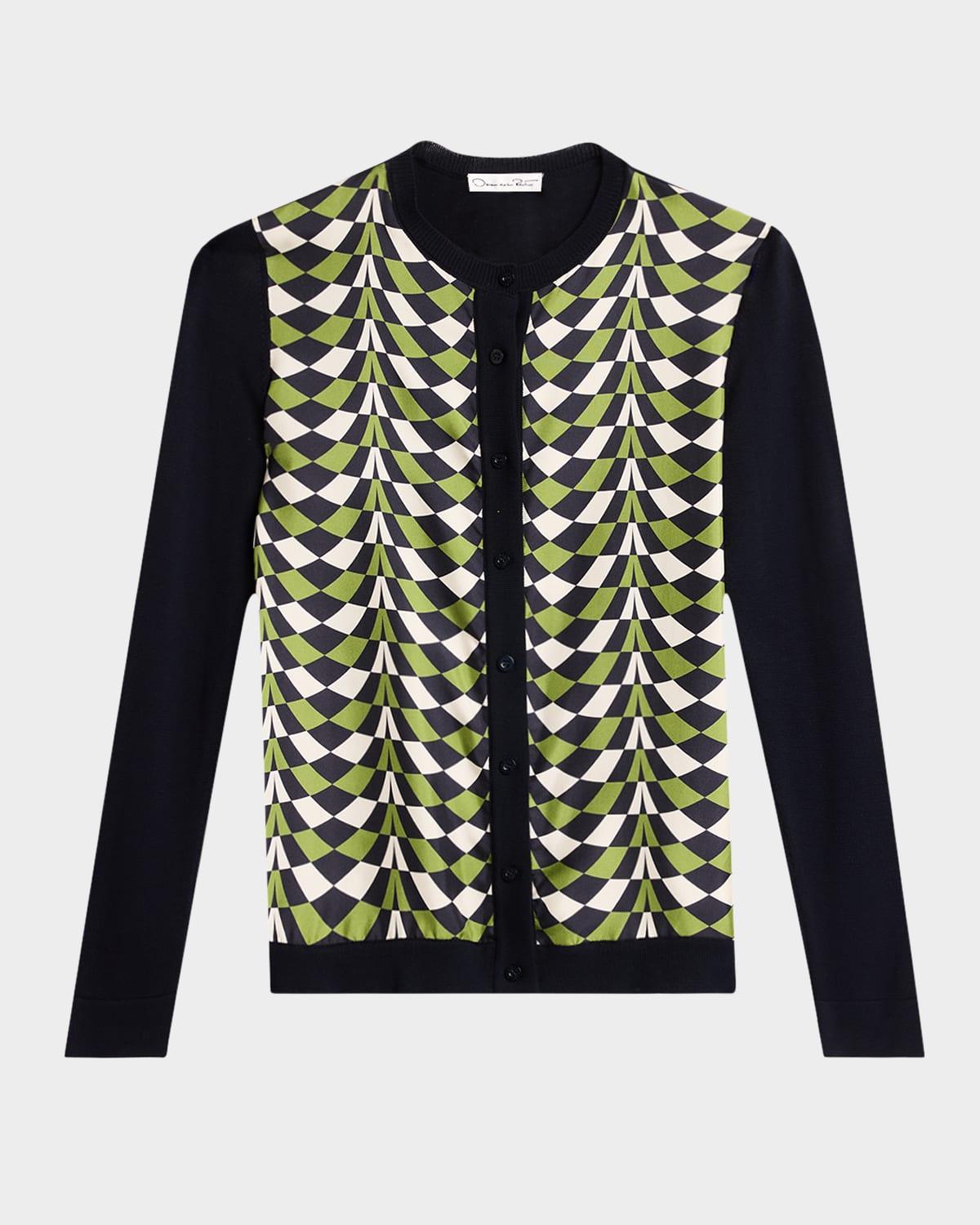 geo-print silk insert crewneck cardigan