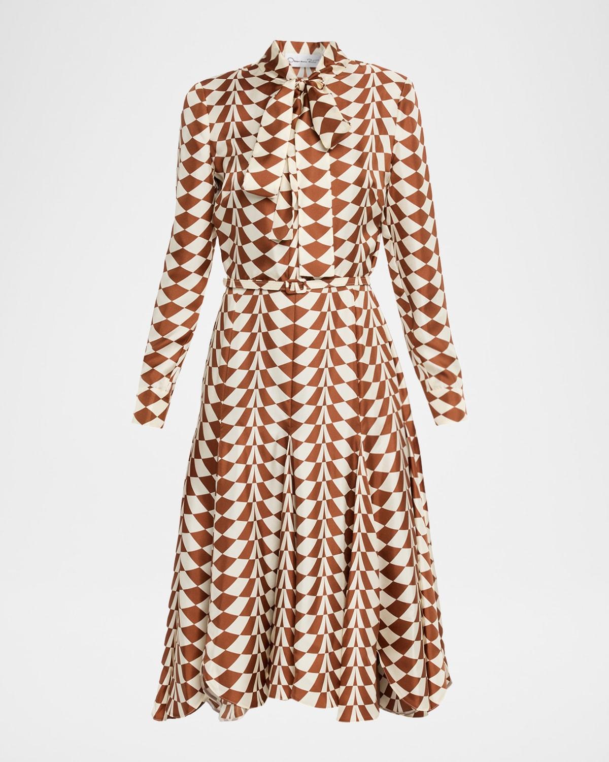 geo silk twill long-sleeve midi shirtdress