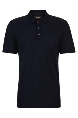 geometric-pattern polo shirt in cotton and silk- dark blue men's polo shirts