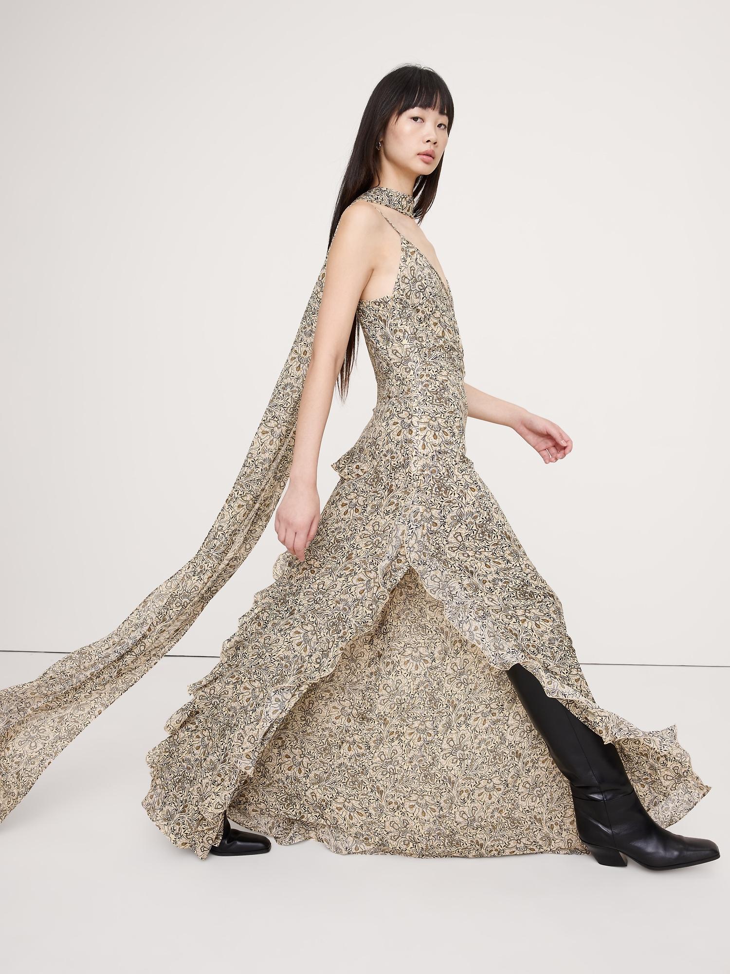 georgette ruffle maxi dress with scarf