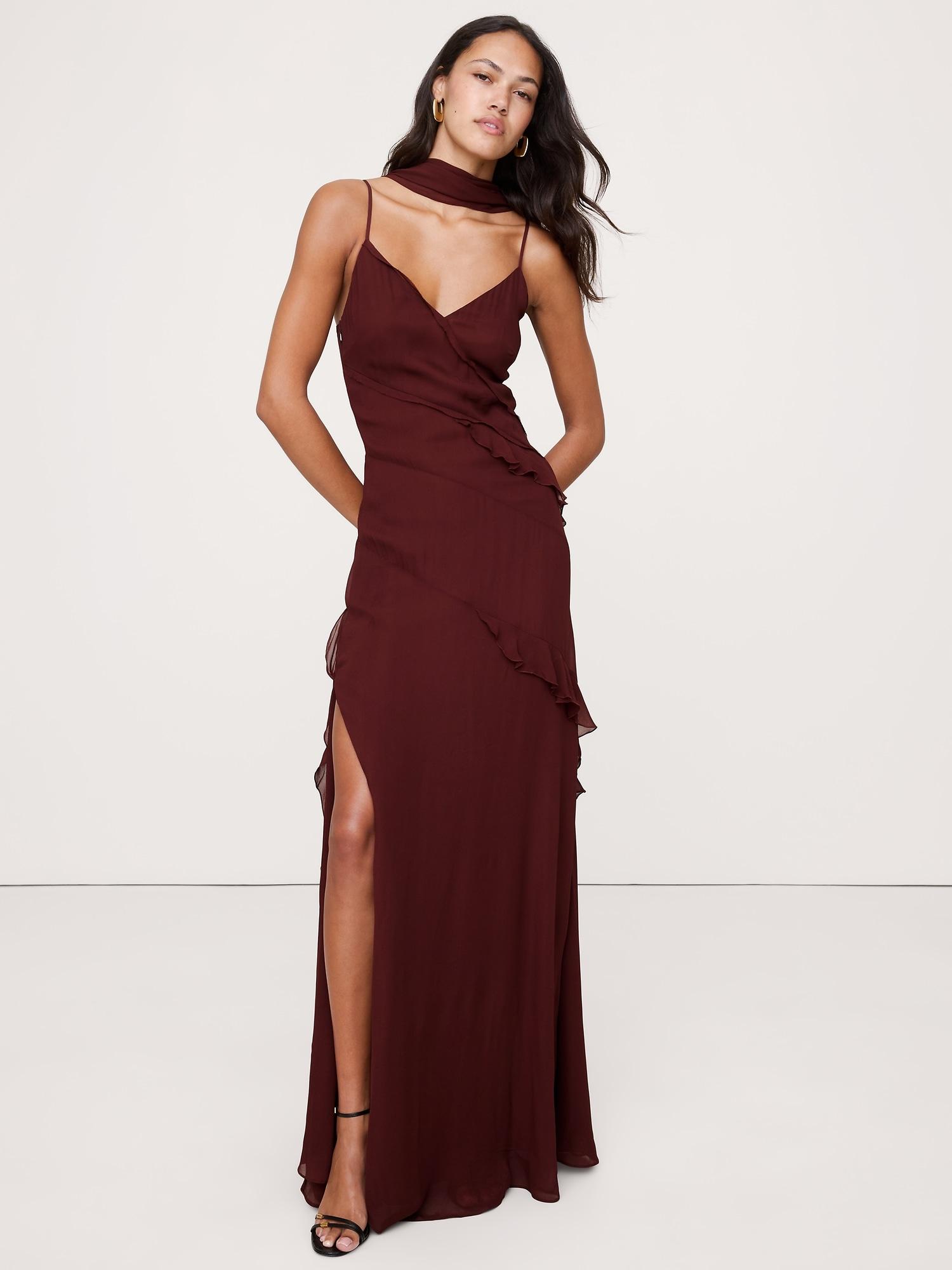 georgette ruffle maxi dress with scarf