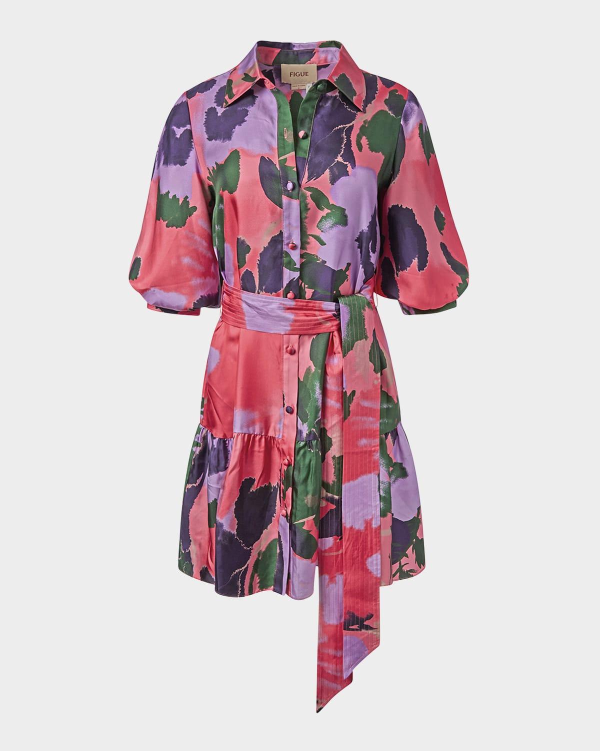 georgie belted puff-sleeve ruffle mini shirtdress