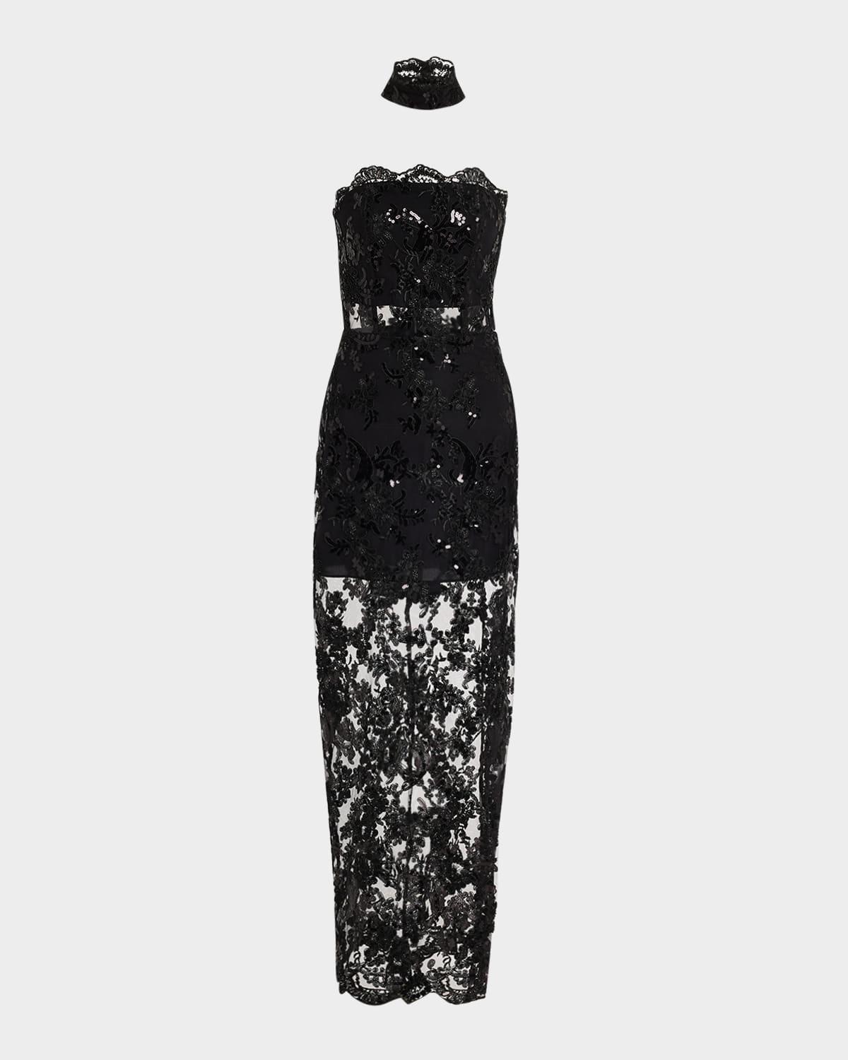 georgie sequined semi-sheer strapless gown with collar