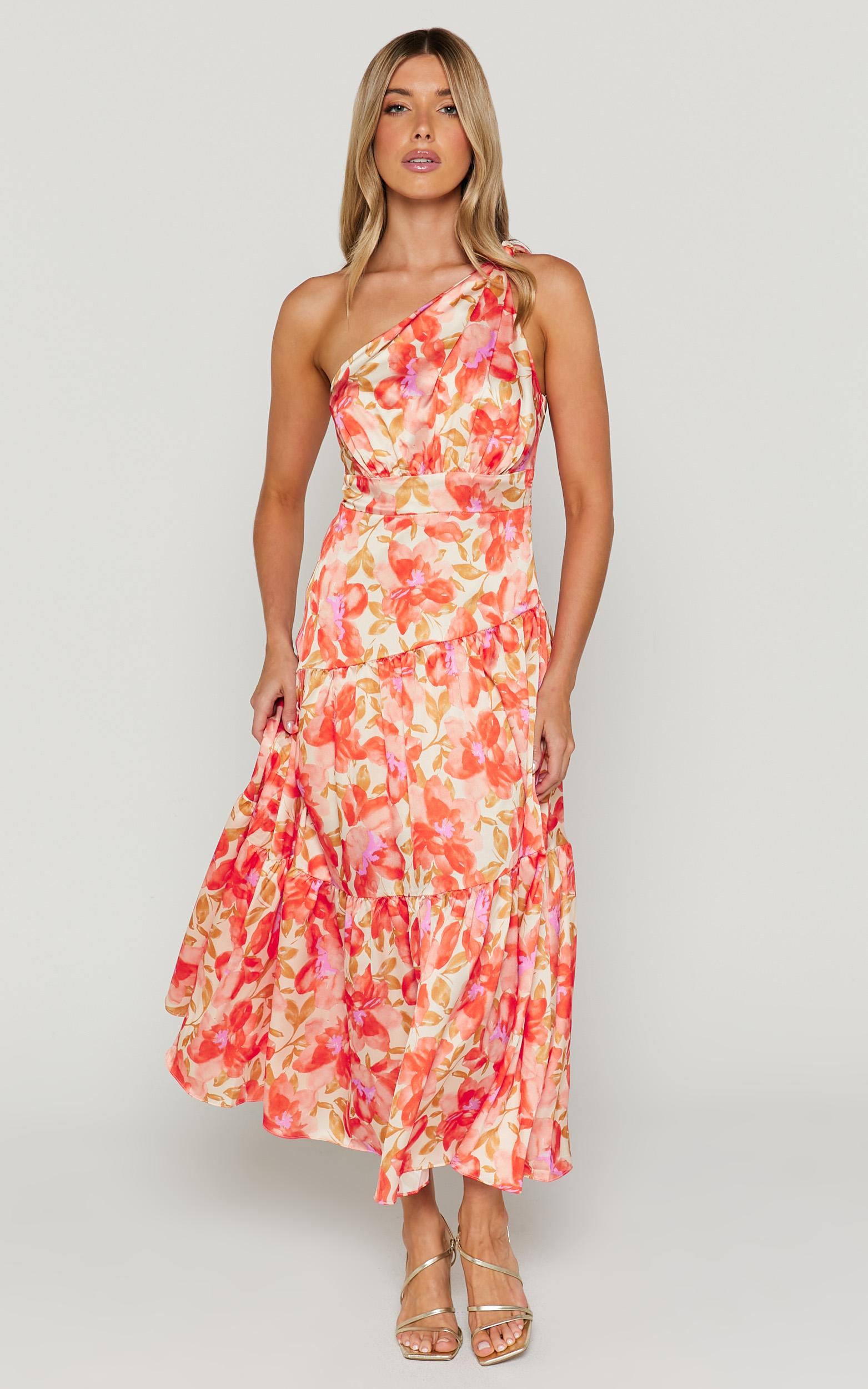 georgine midi dress - one shoulder ruched tiered dress in autumn floral