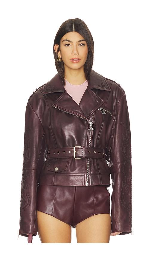 gestuz x barbie ken biker jacket in burgundy.