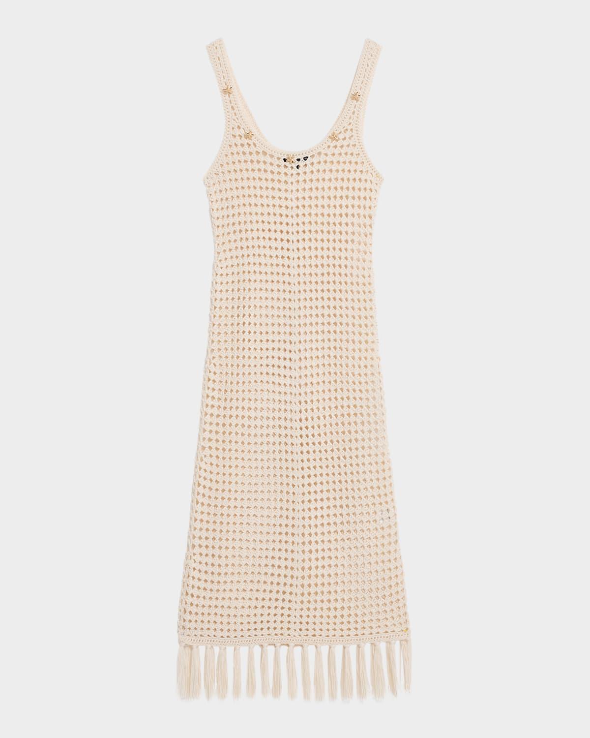 gia embellished crochet fringe midi dress