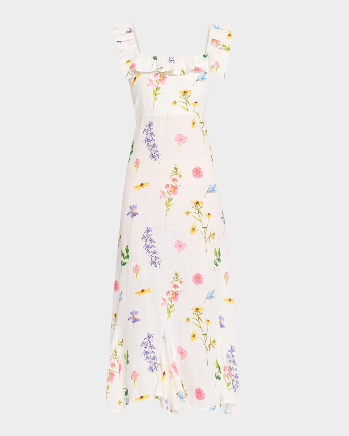 gia ruffle floral-print linen midi dress