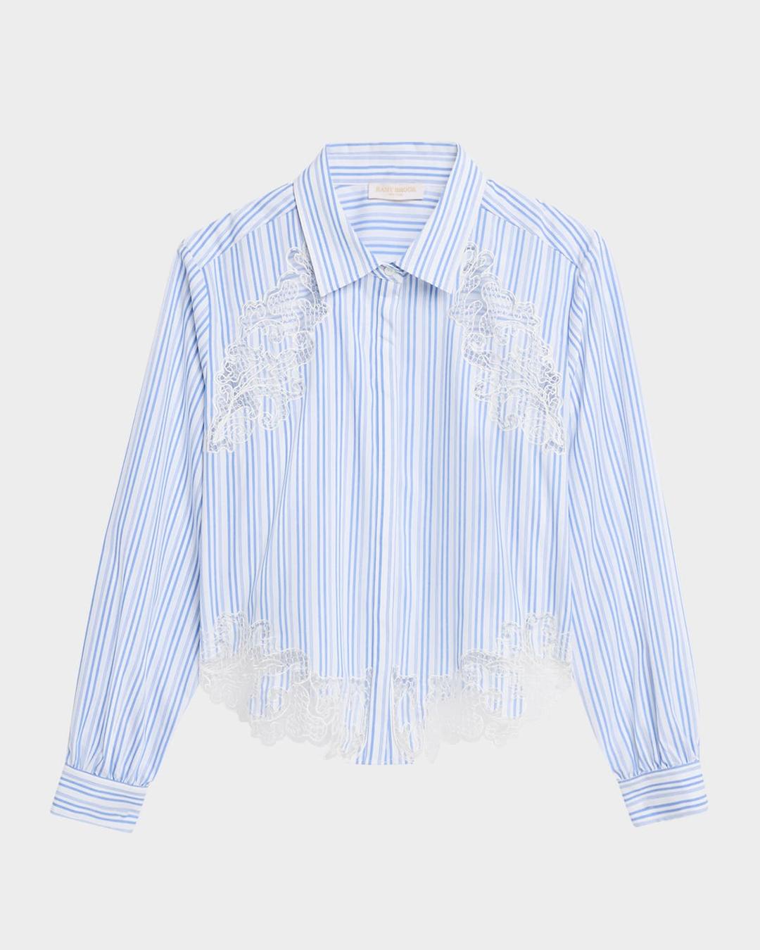 Gia Striped Embroidered Button-Front Shirt – Crisp cotton with floral embroidery details.
