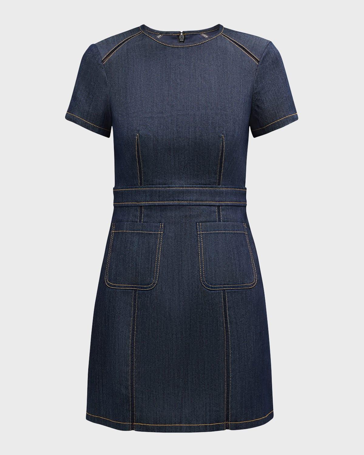 giana topstitched denim mini shift dress
