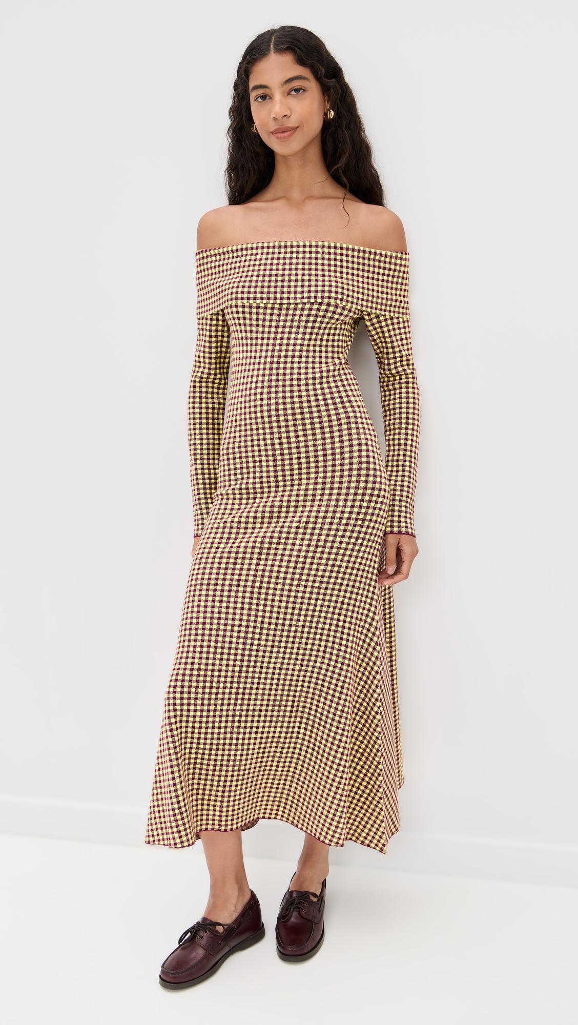 gingham knit off shoulder dress