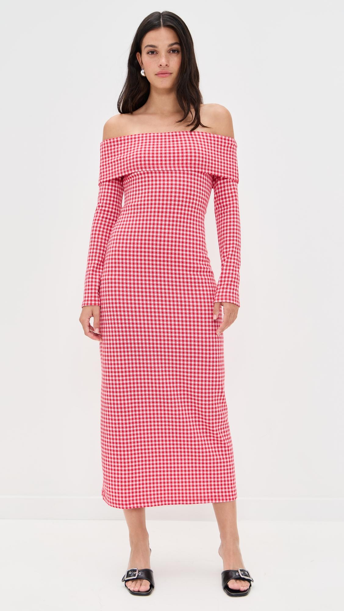 gingham off the shoulder midi dress