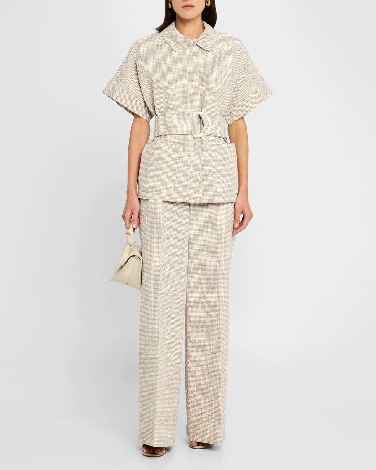 gingham seersucker wide-leg pants