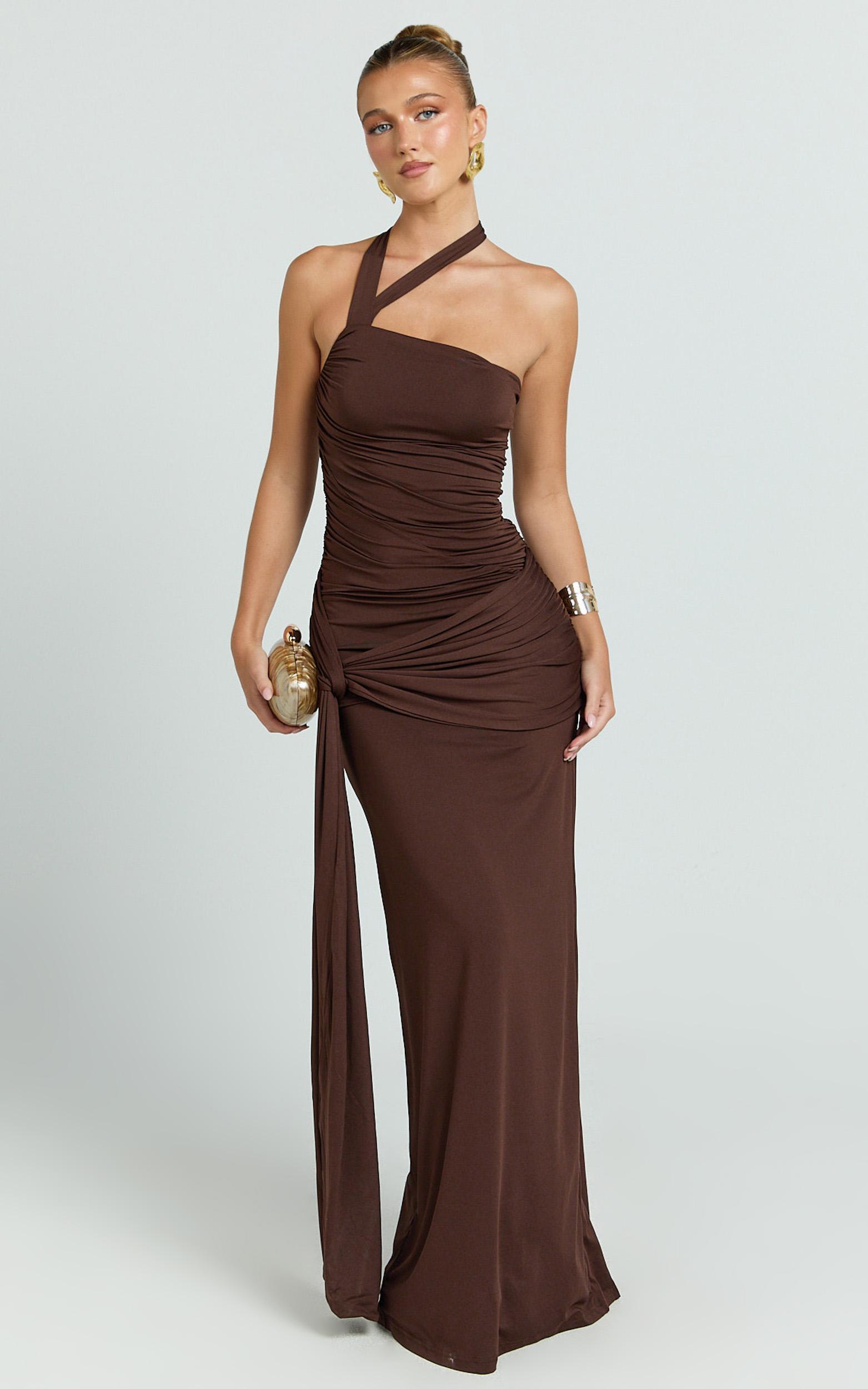ginny maxi dress - asymmetric neck waist tie dress in chocolate