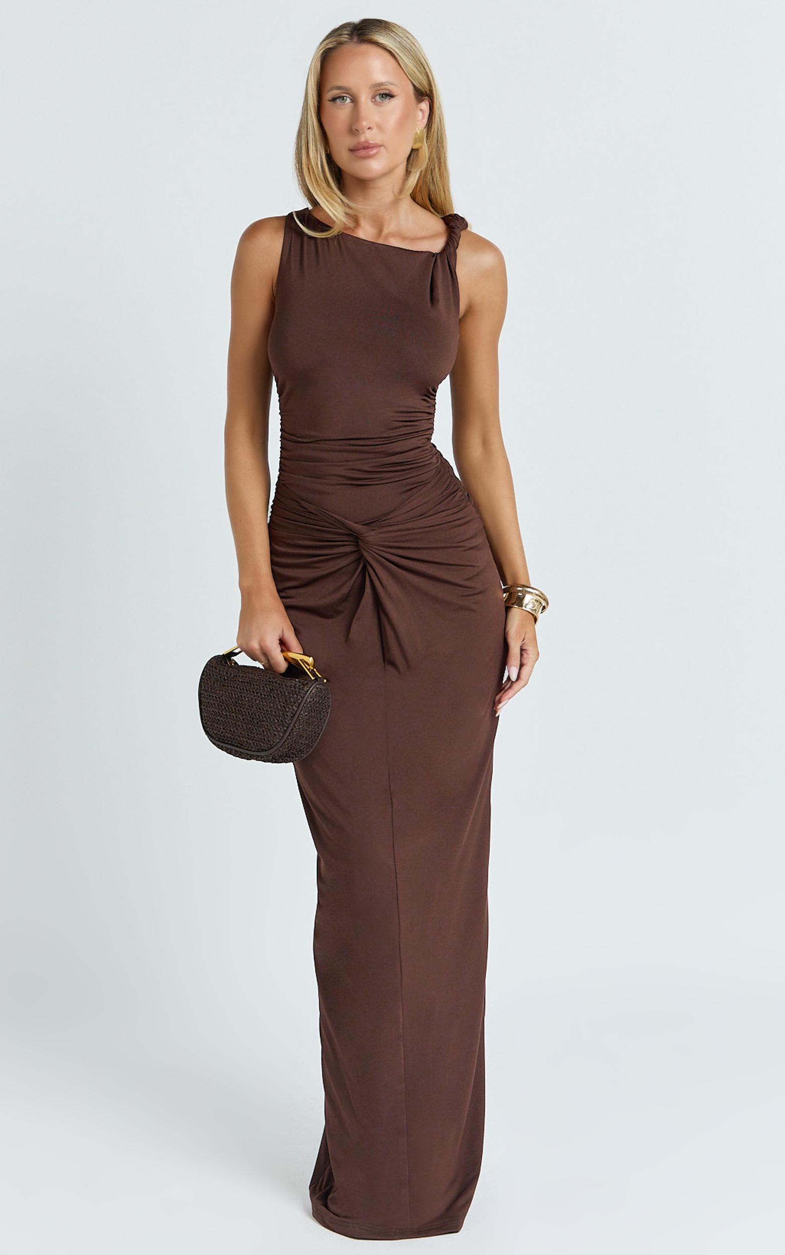 ginny maxi dress - jersey ruched v waist dress in chocolate