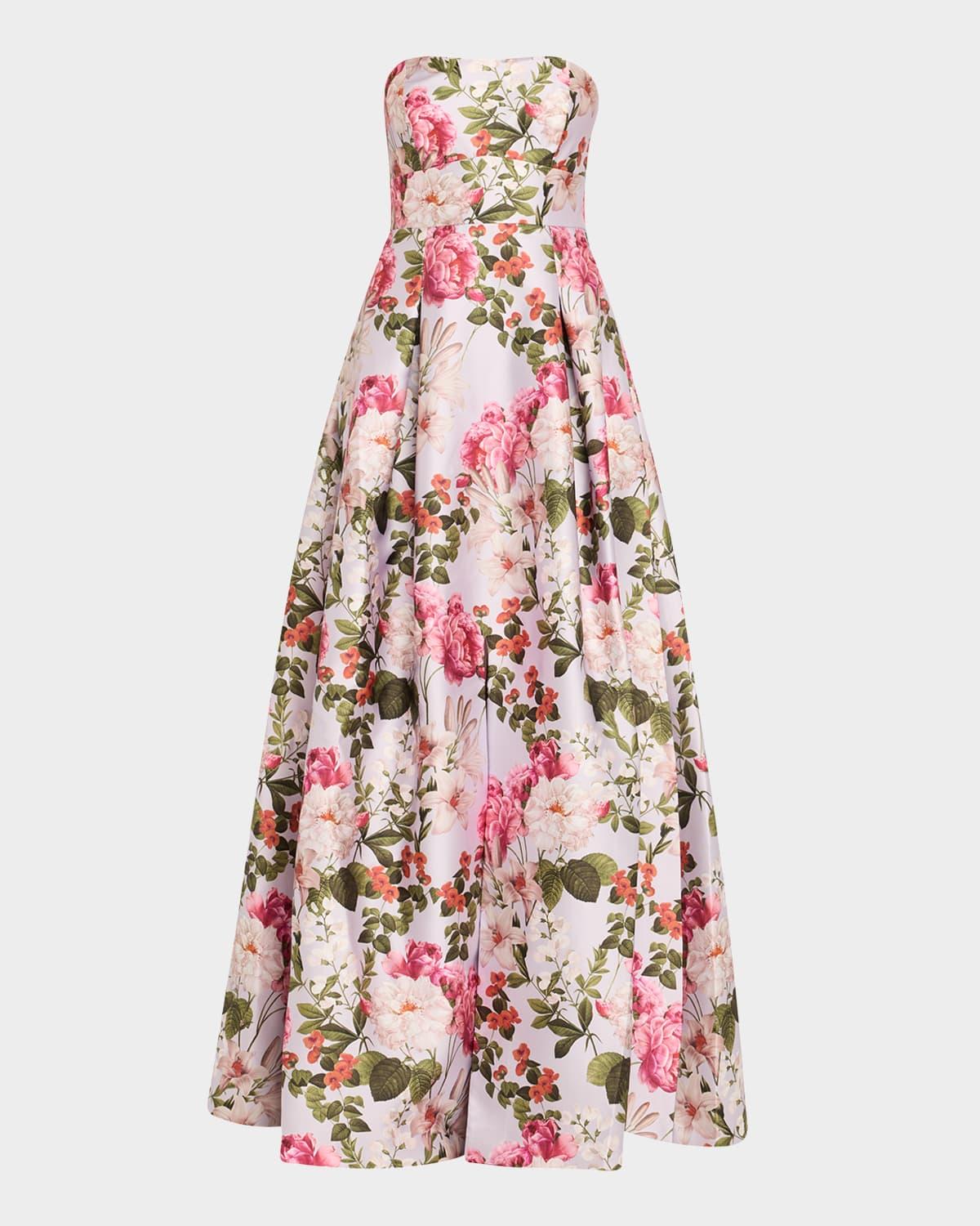 giovanna strapless pleated floral-print gown