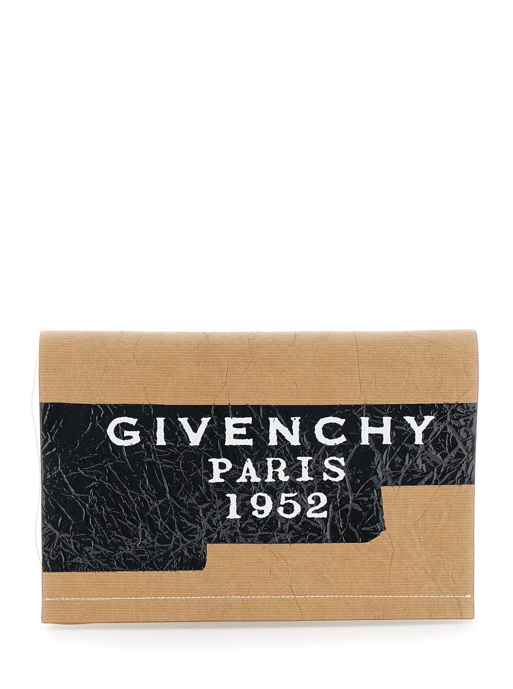 givenchy beige clutch bag with crinkled effect and logo lettering on the front in leather woman