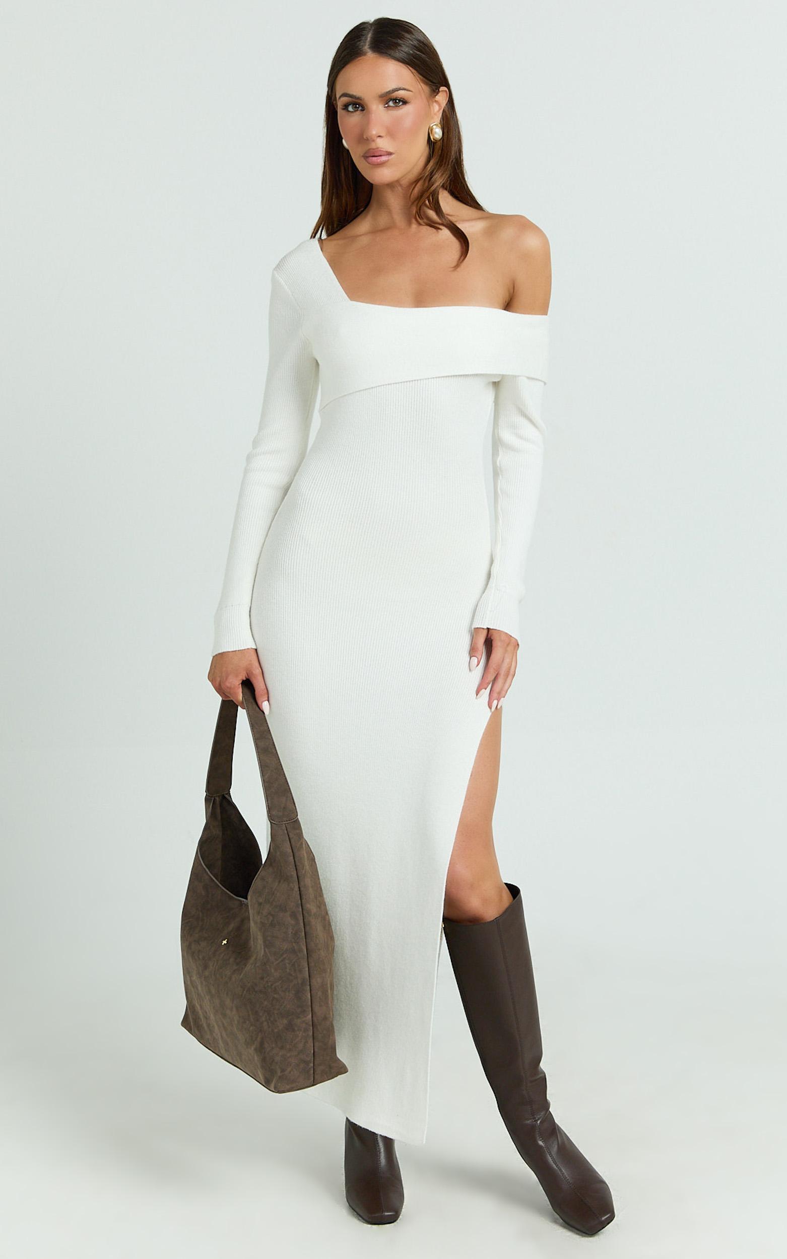 gladys maxi dress - asymmetric shoulder long sleeve knit dress in cream