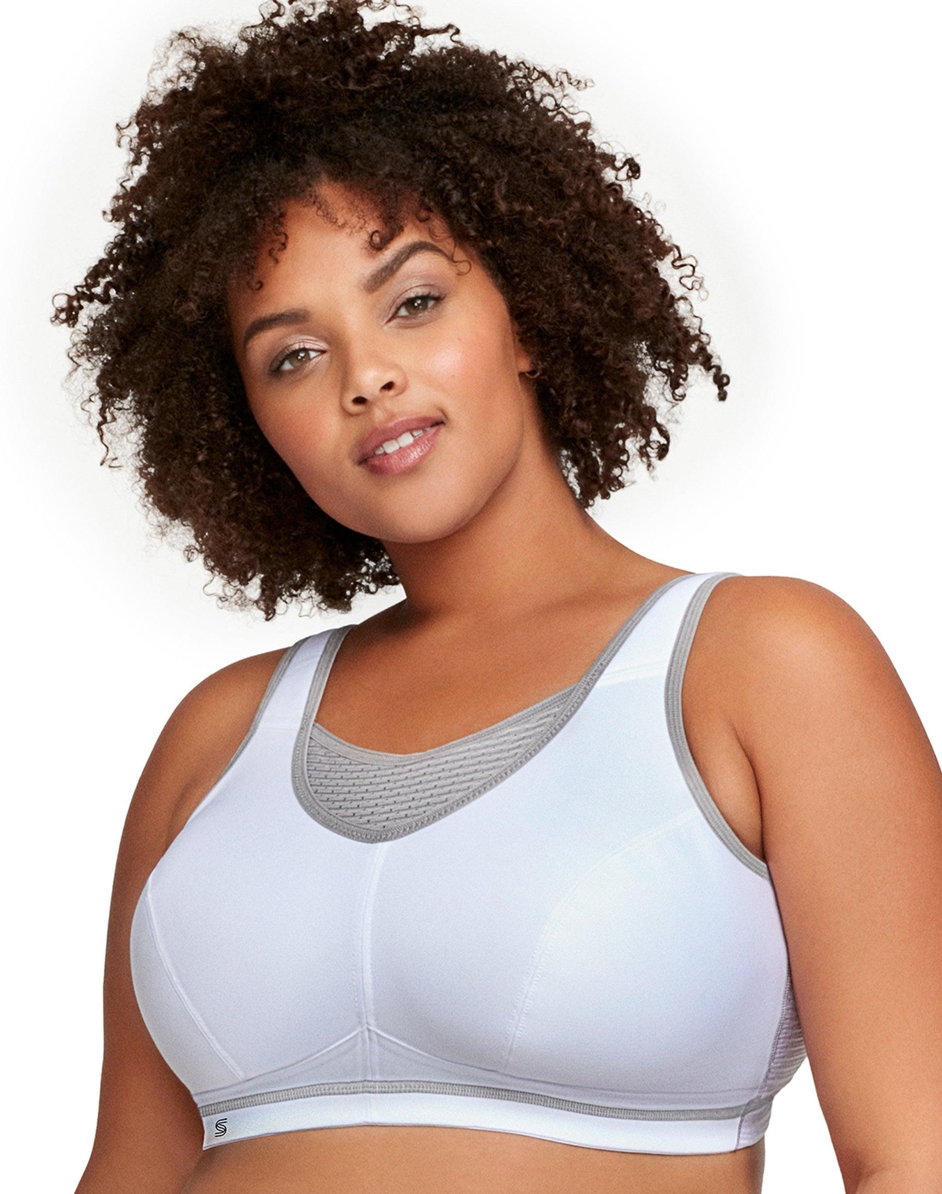 glamorise full figure plus size elite performance no-bounce wirefree cami sports bra white/grey 34g women's