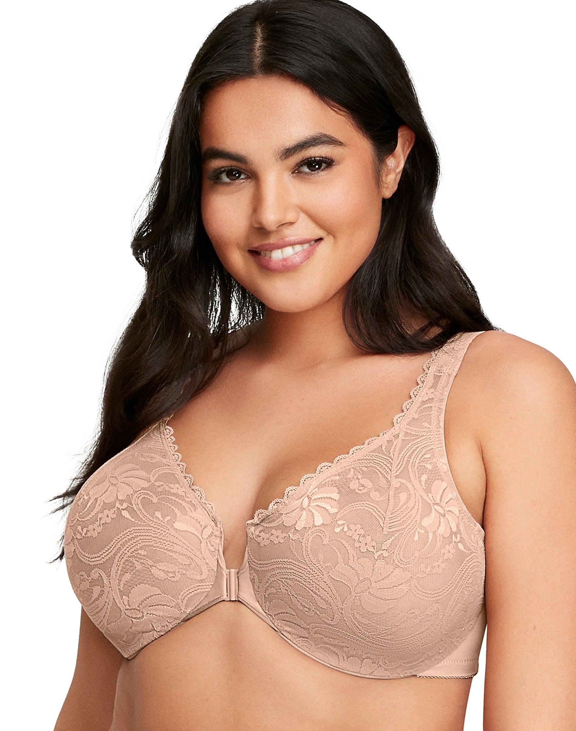 glamorise full figure plus size wonderwire front close stretch lace bra cafe 34g women's
