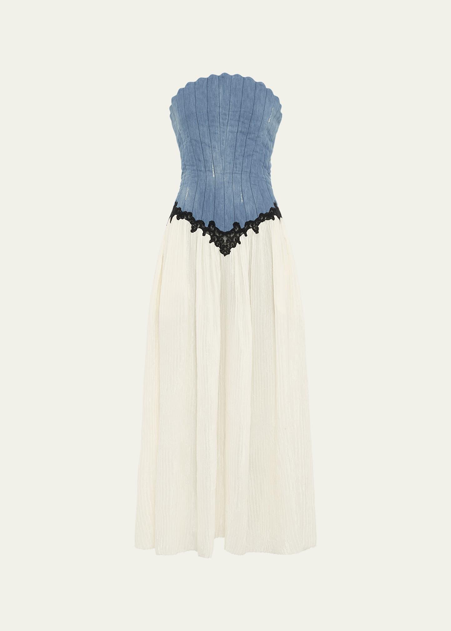 gleen strapless denim corset maxi dress