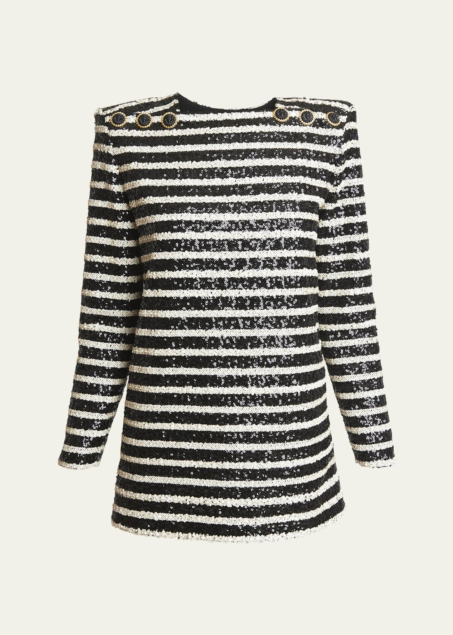 glittered stripe mini dress with button details