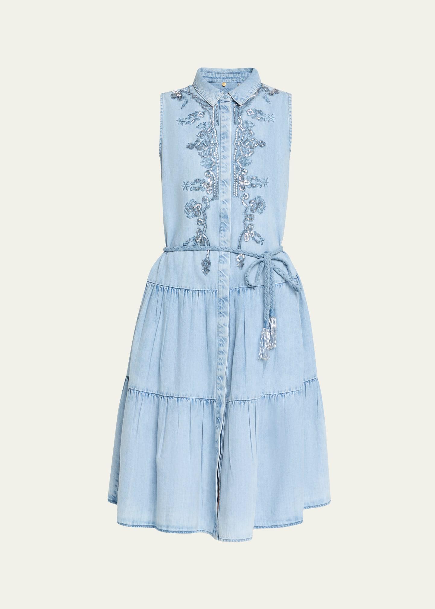 glori tiered embroidered denim midi dress