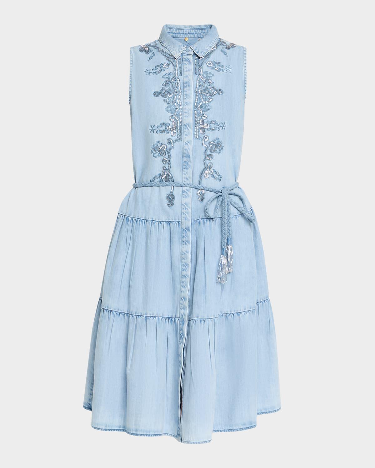glori tiered embroidered denim midi dress
