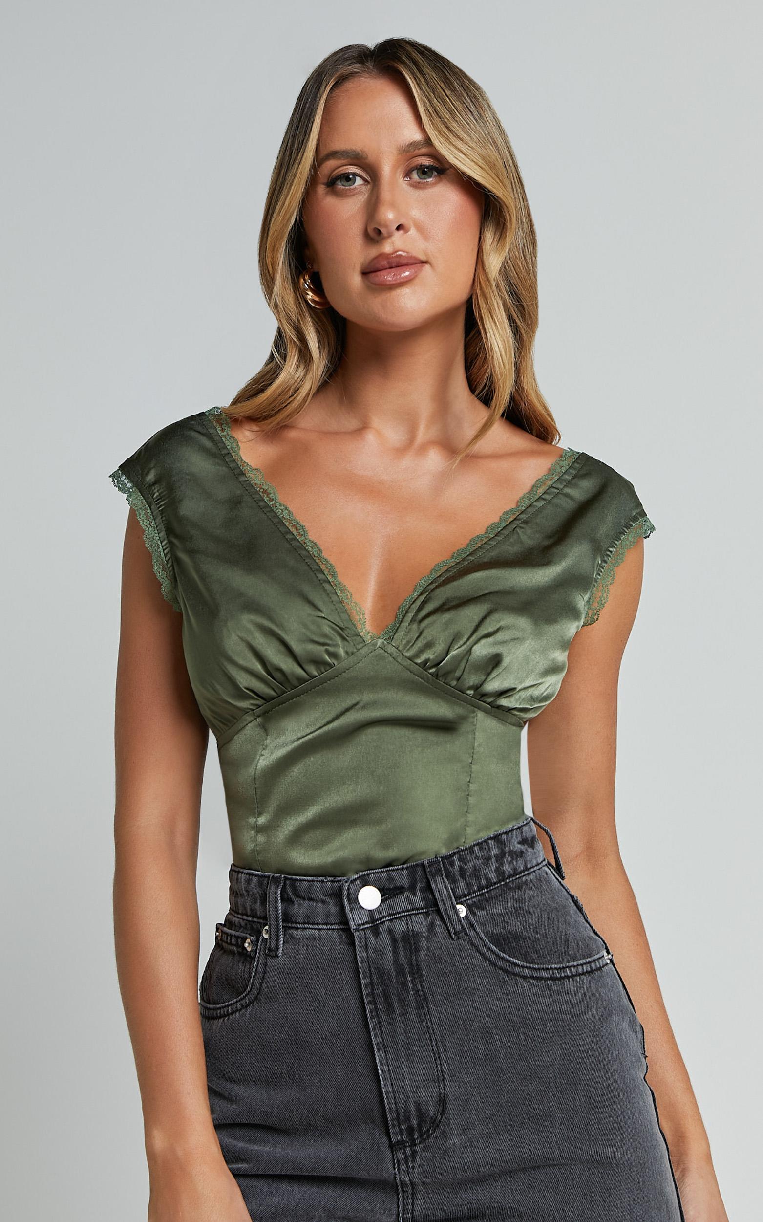 gloria top - v neck lace detail cap sleeve top in sage