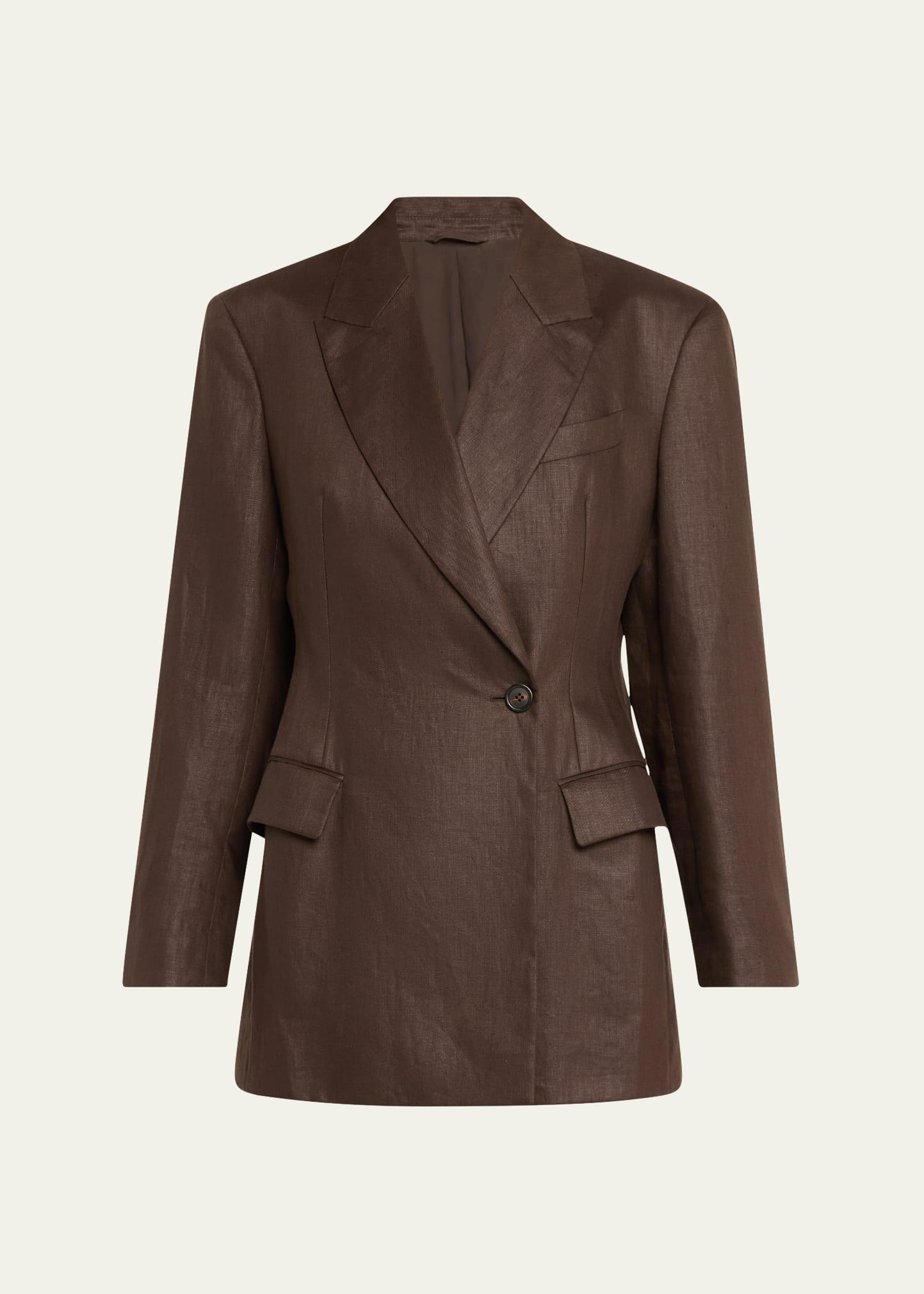 glossy linen diagonal button front blazer