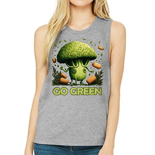 go green print women's muscle tank - funny tank top - vegetarian workout tank - athletic heather, s