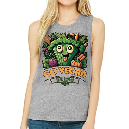 go vegan be kind print women's muscle tank - print tank top - cartoon workout tank - athletic heather, s