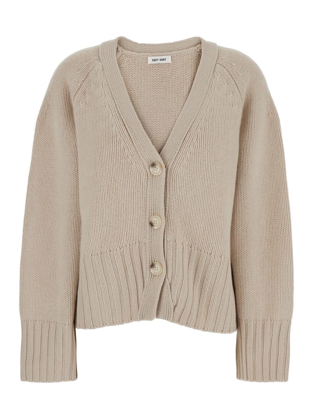 goat beige cardigan with v neck and ribbed trims in cashmere woman