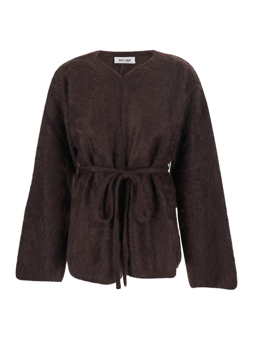 goat brown cardigan with v neck and front belt closure in cashmere woman