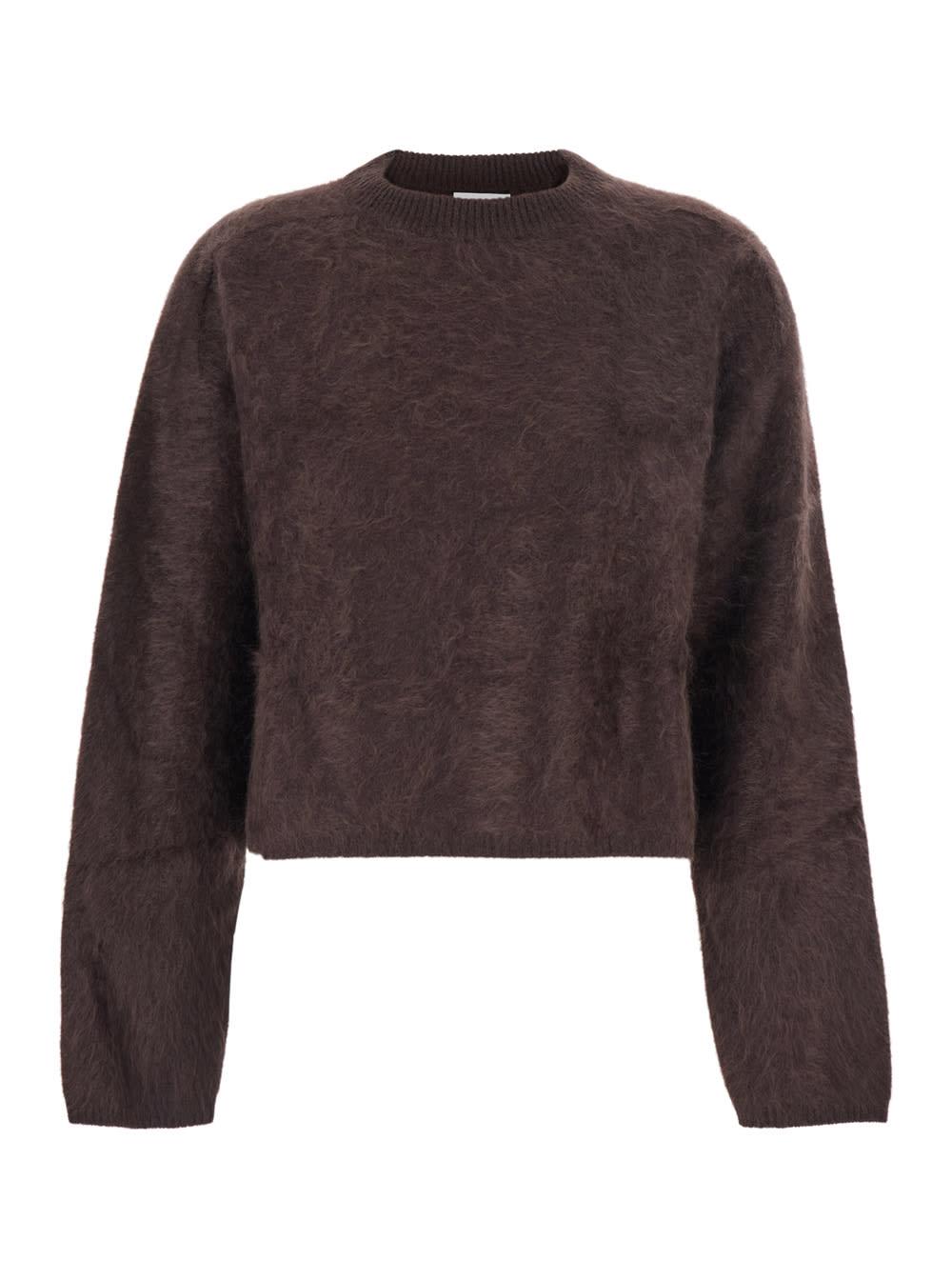 goat brown cropped crewneck sweater with brushed effect in cashmere woman