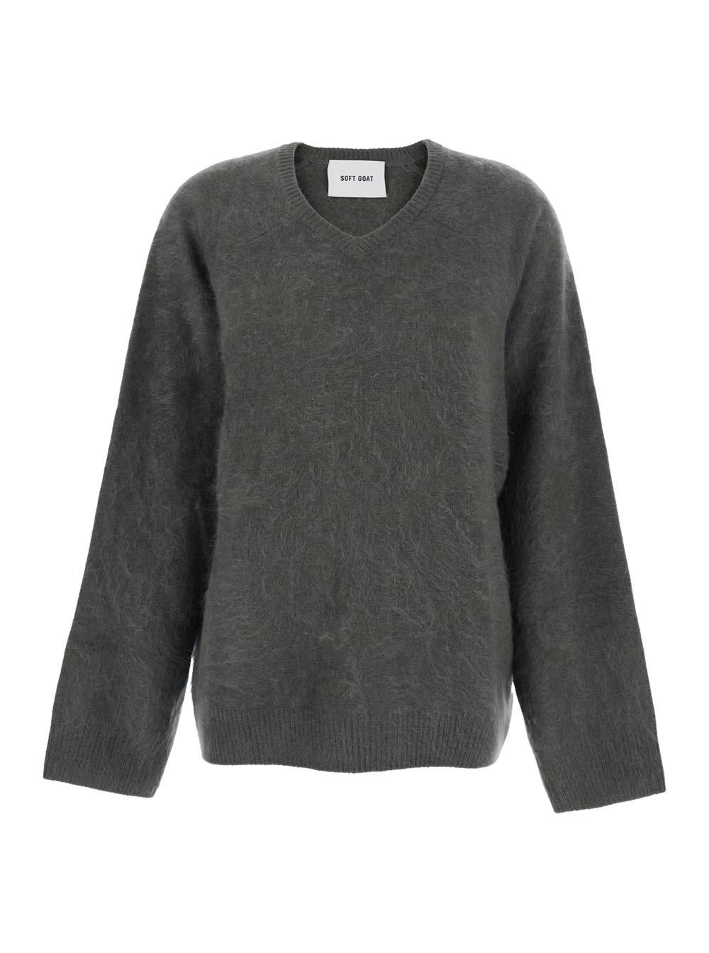 goat grey sweater with v neck and brushed effect in cashmere woman