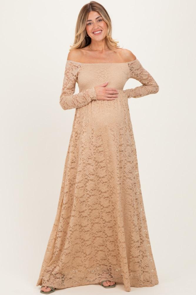 gold floral lace long sleeve off shoulder maternity maxi dress