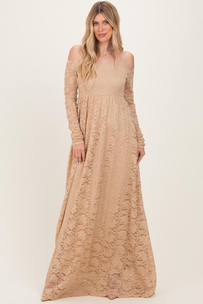gold floral lace long sleeve off shoulder maxi dress