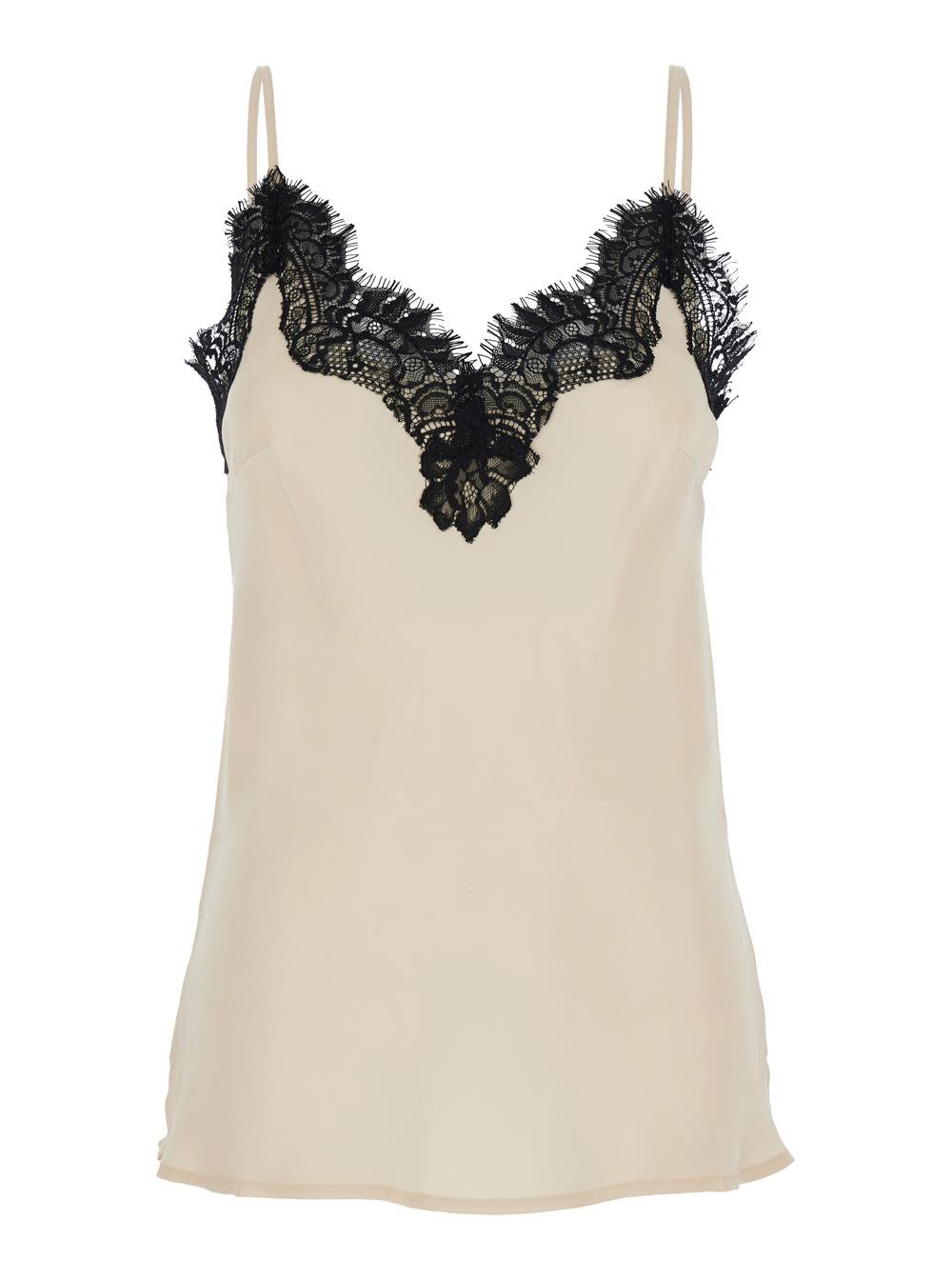 gold hawk coco pearl white camie top with black lace trim in silk woman