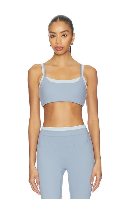 gold hinge double layer strydeform sports bra in slate.