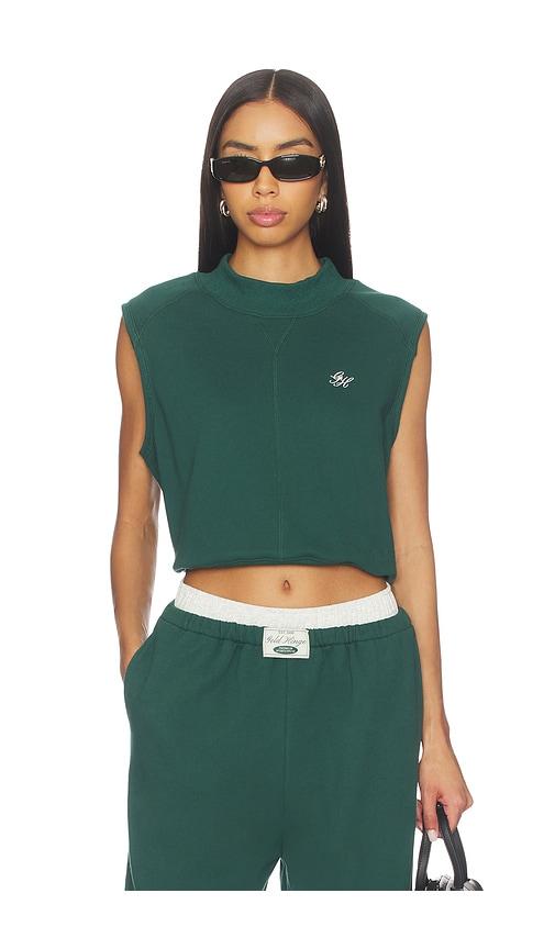gold hinge mock neck sleeveless top in dark green.