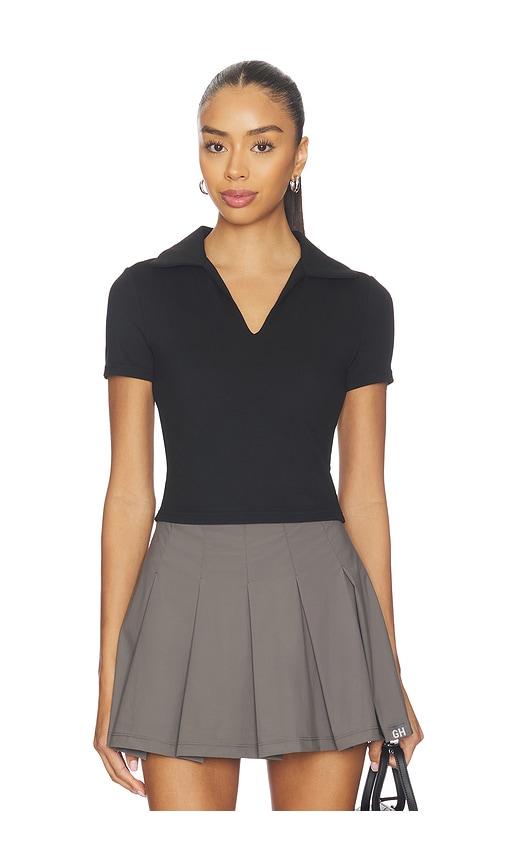 gold hinge preppy v-neck polo top in black.