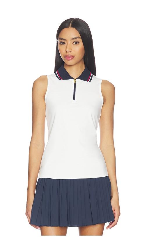 gold hinge zipper polo tank top in white.