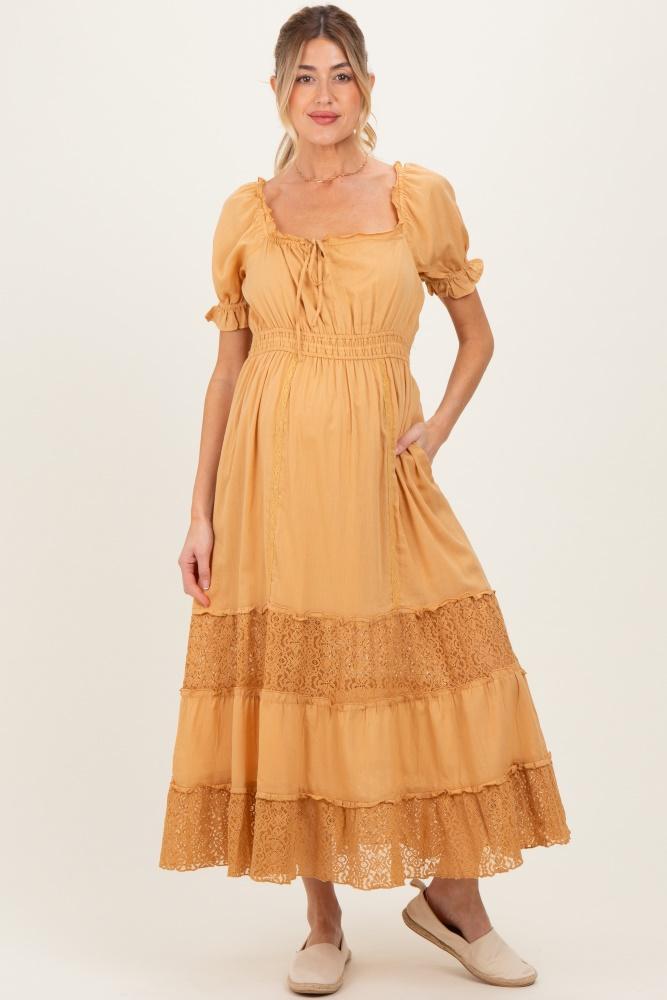 gold lace contrast paneled maternity maxi dress