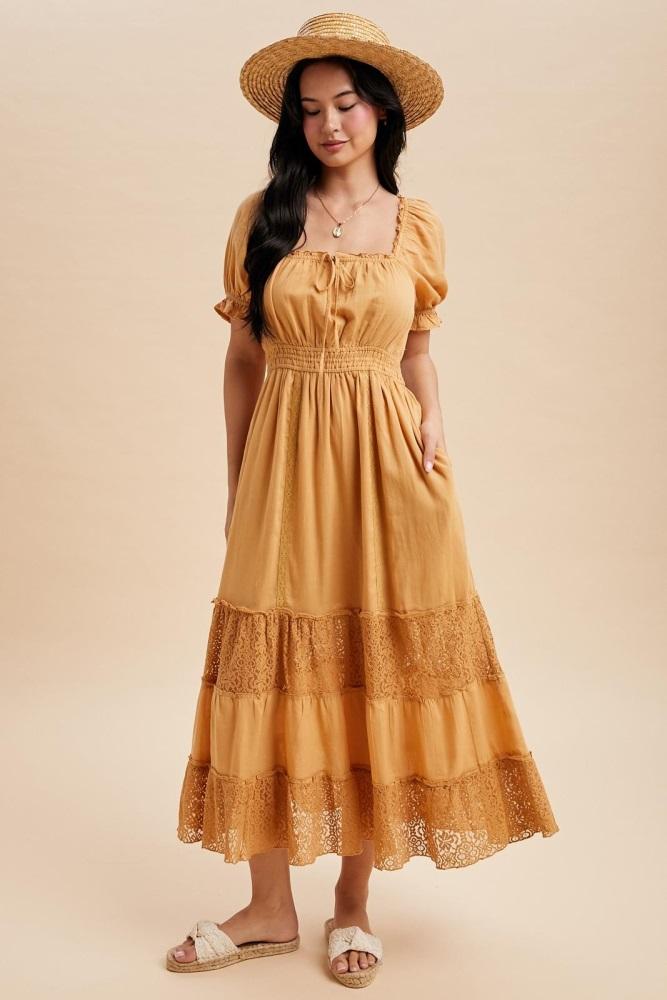 gold lace contrast paneled maxi dress