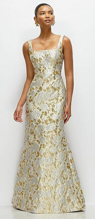 gold leaf brocade floral square neck maxi dress with trumpet skirt