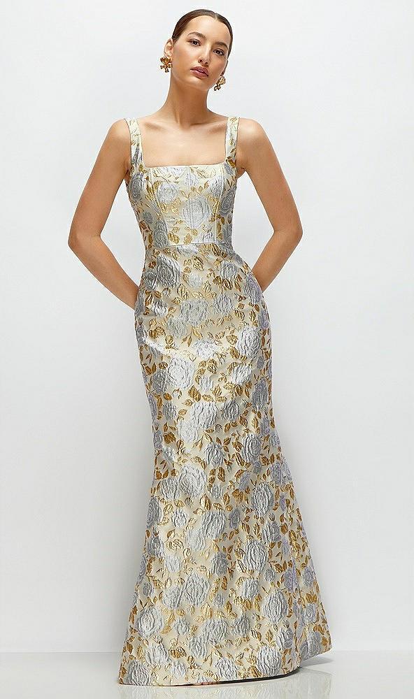 gold leaf brocade floral square neck maxi dress with trumpet skirt