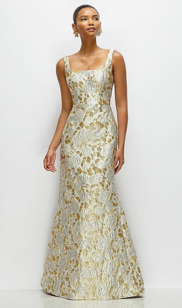 gold leaf brocade floral square neck maxi dress with trumpet skirt