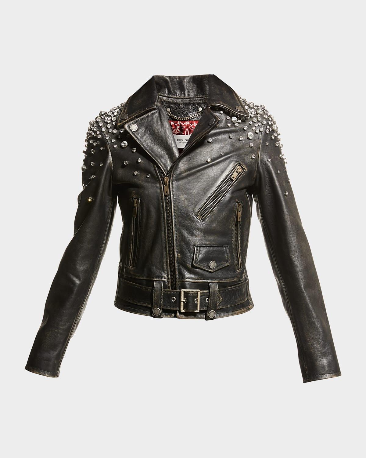 golden distressed leather jacket with crystals