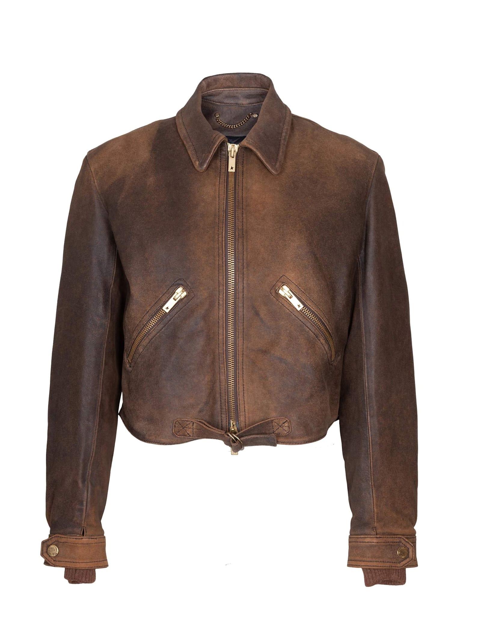golden goose journey leather jacket, coffee color